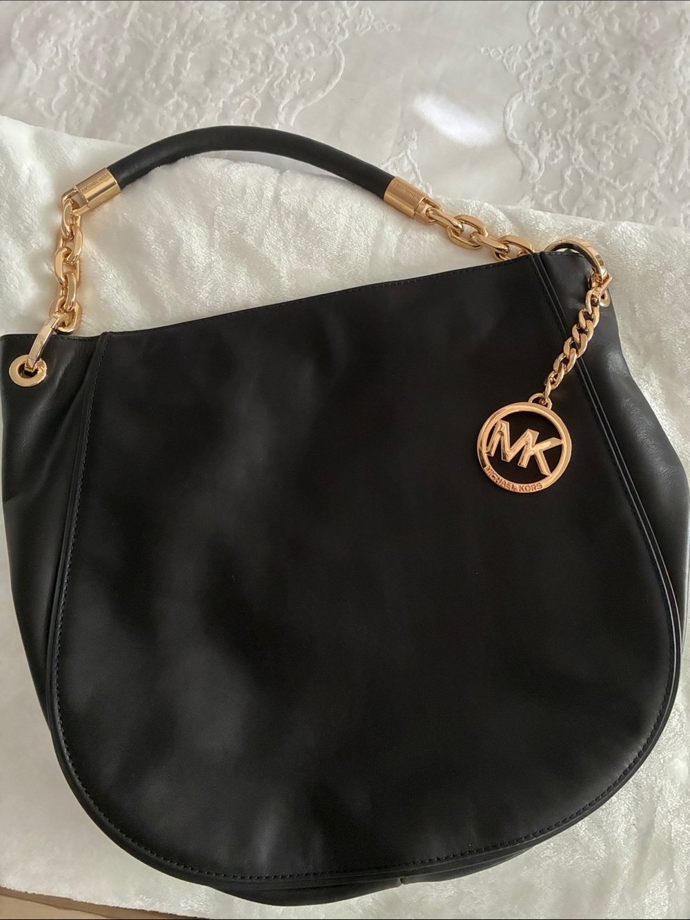 Michael Kors Black Leather Shoulder Bag with Gold Accents